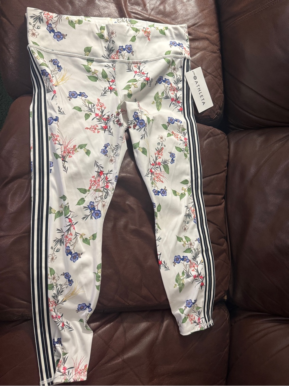 Athleta White Floral Capri Leggings with Black Side Stripes